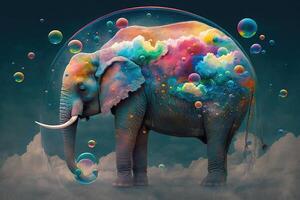 multi coloré l'éléphant flottant sur des nuages illustration génératif ai illustration génératif ai photo