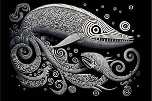 maori tribal géant poisson esquisser polynésien tatouage modèle illustration génératif ai photo