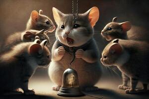 brame le chat. le souris plan à endroit le cloche sur le chat. récit ou Fée conte livre. d'Ésope fable illustration génératif ai photo