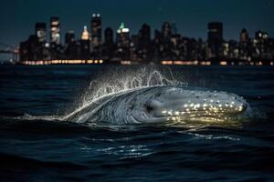 blanc à bosse baleine briser sur Hudson rivière dans de face de Nouveau york ville illuminé grattes ciels à nuit illustration génératif ai photo