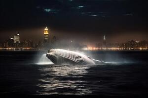 blanc à bosse baleine briser sur Hudson rivière dans de face de Nouveau york ville illuminé grattes ciels à nuit illustration génératif ai photo