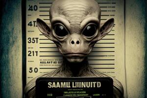 noir humanoïde extraterrestre identification assiette dans de face de police s'aligner ou mugshot illustration génératif ai photo