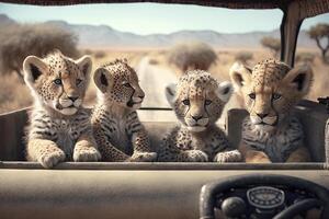 bébé safari animaux dans jeep illustration génératif ai photo