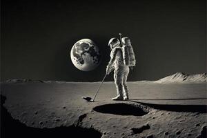 astronaute en jouant le golf sur le lune le Terre planète sur Contexte illustration génératif ai photo