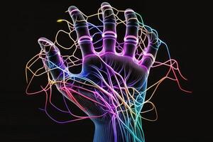 artificiel main ouvert paume avec coloré cordes illustration génératif ai photo