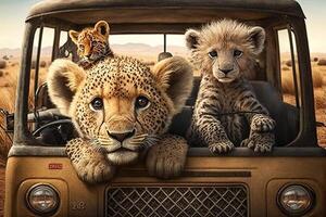 bébé safari animaux dans jeep illustration génératif ai photo