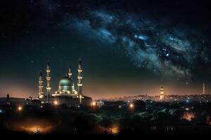 magnifique nuit ciel pendant Ramadan Karim, avec étoiles scintillement dans le Contexte et une mosquée illuminé illustration génératif ai photo