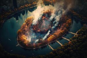 central parc brûlant dans Feu Nouveau york ville Etats-Unis illustration aérienne génératif ai photo