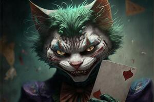 mal chat joker avec Jaune yeux sourit comme une Cheshire chat. le concept de peur et cauchemars. illustration génératif ai photo