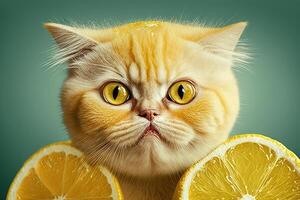 Jaune chat est une citron marrant et fou chaton illustration génératif ai photo