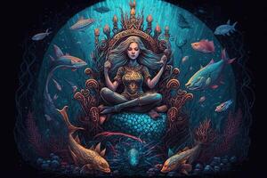 Sirène séance sur une trône de corail, en portant une sceptre et entouré par une école de poisson avec embrasé yeux illustration génératif ai photo