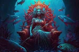 Sirène séance sur une trône de corail, en portant une sceptre et entouré par une école de poisson avec embrasé yeux illustration génératif ai photo