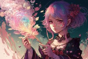 manga fille avec rose cheveux et une magique baguette magique, moulage une épeler cette crée une orage de arc en ciel - coloré fleurs, manga style illustration génératif ai photo
