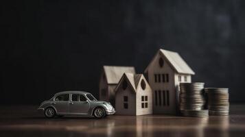 économie argent petit jouet voiture avec maison prêt concept la finance croissance et propriété sur gris Contexte tableau, génératif ai photo