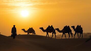 Indien chameliers bédouin avec chameau silhouettes dans le sable dunes de thar désert sur le coucher du soleil. caravane dans Rajasthan Voyage tourisme Contexte safari aventure. jaisalmer, rajasthan, Inde, ai génératif photo