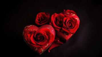 couple de rouge des roses dans cœur forme avec rouge passion arrière-plan, ai génératif photo
