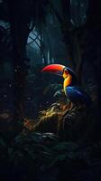 une foncé nuit forêt avec Orange le bec toucan avec rouge néon lumière, ai génératif photo