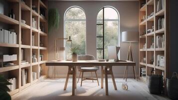 bien en regardant. intérieur de une moderne Accueil Bureau suivant à une gros la fenêtre. lumière bois bureau avec organisé ensemble en haut de livres, Bureau Provisions et ordinateur avec certains pièce décor autour il, ai génératif photo