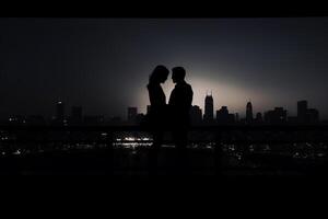 silhouette de une romantique Jeune couple profiter le ville paysage nocturne. ai généré photo