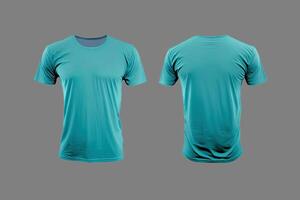 photo réaliste Masculin cyan Couleur t-shirts avec copie espace, de face et retour voir. ai généré