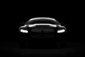 de face vue foncé silhouette de une moderne luxe noir voiture isolé sur noir Contexte. ai généré photo