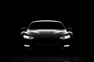 de face vue foncé silhouette de une moderne luxe noir voiture isolé sur noir Contexte. ai généré photo