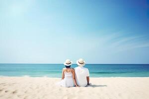 une couple séance sur une plage. sucré couple content se détendre prendre plaisir l'amour et romantique moment. ai généré photo