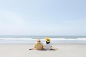 une couple séance sur une plage. sucré couple content se détendre prendre plaisir l'amour et romantique moment. ai généré photo