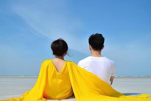 une couple séance sur une plage. sucré couple content se détendre prendre plaisir l'amour et romantique moment. ai généré photo