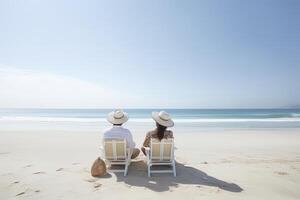 une couple séance sur une plage. sucré couple content se détendre prendre plaisir l'amour et romantique moment. ai généré photo