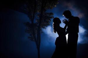 silhouette de une romantique couple dansant et profiter dans le sombre. ai généré photo