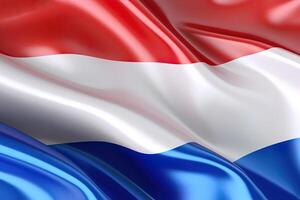 rouge, blanc et bleu arrière-plan, agitant le nationale drapeau de Pays-Bas, agité une très détaillé fermer. ai généré photo