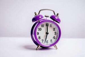 violet alarme l'horloge sur une blanc Contexte. ai généré photo