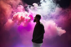 une homme permanent dans de face de une nuage de fumée avec néon lumières. ai généré photo