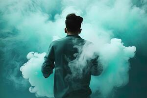 une homme permanent dans de face de une nuage de fumée avec le cyan thème. ai généré photo