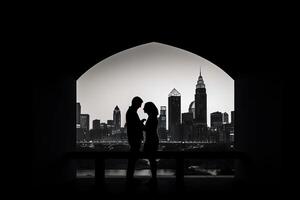 silhouette de une romantique Jeune couple profiter le ville paysage nocturne. ai généré photo