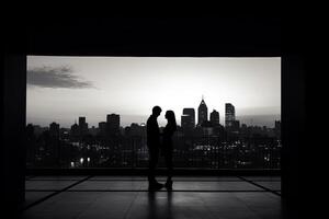 silhouette de une romantique Jeune couple profiter le ville paysage nocturne. ai généré photo