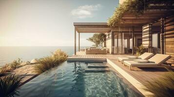 nager bassin dans luxe villa avec mer voir. 3d le rendu photo