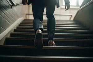 proche en haut Jeune homme d'affaire pieds sprint en haut escaliers Bureau milieu image photo