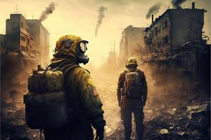soldat guerre dans Ukraine explosions sur backround illustration génératif ai photo