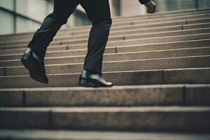 proche en haut Jeune homme d'affaire pieds sprint en haut escaliers Bureau milieu image photo