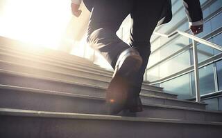 proche en haut Jeune homme d'affaire pieds sprint en haut escaliers Bureau milieu image photo