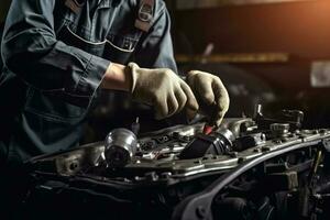 auto mécanicien travail sur voiture cassé moteur dans mécanique un service ou garage. transport entretien clé detia photo