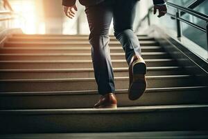 proche en haut Jeune homme d'affaire pieds sprint en haut escaliers Bureau milieu image photo