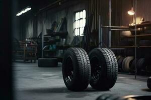 mécanicien un service est en changeant Nouveau pneus et roues. sur le garage Contexte photo