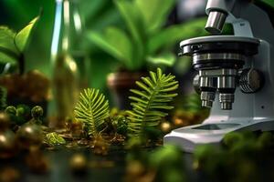 vert les plantes sur une table suivant à microscope dans une laboratoire avec génératif ai photo