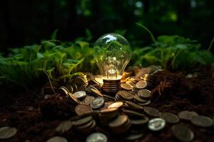 argent piles avec plantation lumière ampoule sur terre avec génératif ai photo