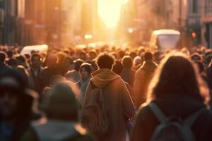 foule de gens en marchant dans une occupé route avec génératif ai photo