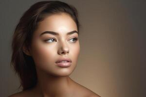 une magnifique visage de une Jeune femme en bonne santé peau dans peau se soucier concept avec génératif ai photo