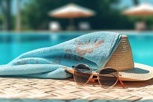 une plage serviette décoré avec une chapeau des lunettes de soleil et retourner flops avec génératif ai photo